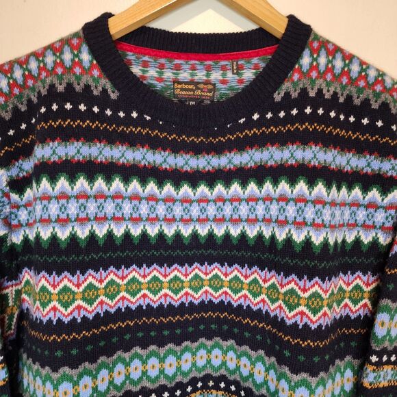 Barbour Merino Wool Sweater Nordic Fair Isle Houndstooth Men's XXL Elbow Patches - Picture 3 of 14